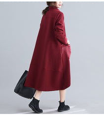 Retro Plaid High Neck Long Sleeve Midi Dress