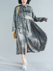 Lapel Solid Pleated Midi Dress