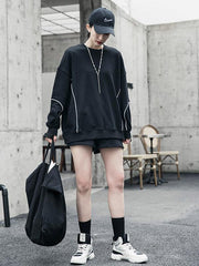 Black Loose Line Splicing Round Neck Sweatshirt