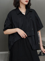 Irregular Clipping Short Sleeves Pleated Pure Color Lapel Blouses&Shirts Tops