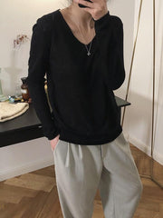 V-neck Knitting Loose Solid Shirt Top