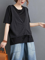 False Two Striped Split-Joint Drawstring T-Shirts