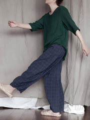 Loose Blue Plaid Comfortable Casual Wide-Leg Pants