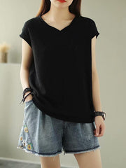 Solid Knitting Rhombus V-Neck T-Shirt