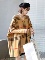Retro Plaid Bat Sleeve Loose Jacquard V-Neck Sweater