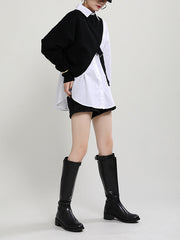 Women Lapel Color Block Shirt Two-Piece Blouse