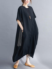 Loose Striped Split-Joint Thin Drawstring Long Dress
