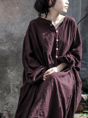 Puff Sleeve Ramie Cotton Long Dress