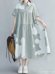 Women Lapel Stitching Plaid Loose Casual Dress