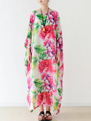 Ethnic Style Floral A-Line Loose Seven-Quarter Sleeve Long Dress