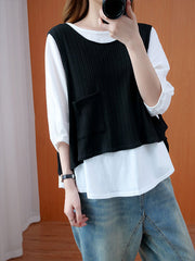Pocket  Solid Vest+Batwing Sleeves T-Shirt