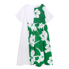 Women Round Neck Contrast Printing Retro Casual Dress
