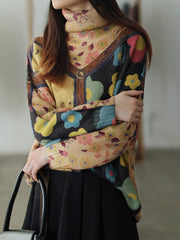 Soft Retro Printed Long Sleeves High Neck Top