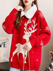 Christmas Elk Jacquard Lapel Collar Sweater