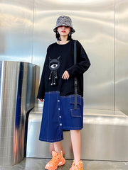 Cartoon Printed Split-Joint Denim Midi Dress