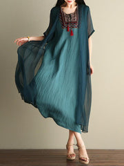 Gray&Blue Embroidered Ramie Cotton Dress