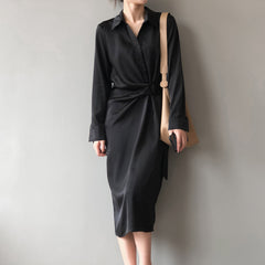 Lapel Solid Color Shirt Midi Dress