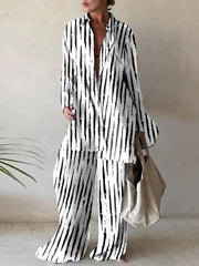 Urban Long Sleeves Wide Leg Printed Lapel Two Pieces Set