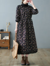 Patchwork Collar Floral Lace-Up Long Midi Dress