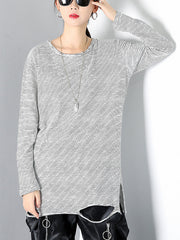Women Round Neck Pullover Striped Irregular Bottoming Shirt