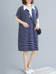 Striped Lapel Split-Joint Midi Dress