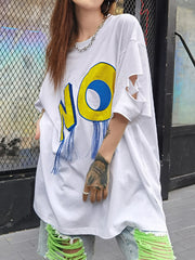 Letter Print Hollow Hole Loose Round Neck T-Shirt