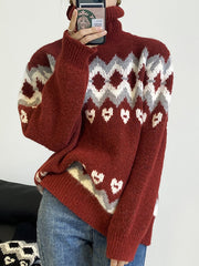 Women High Neck Printed Loose Sweater