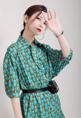 Women Retro Print Loose Casual Shirt Dress