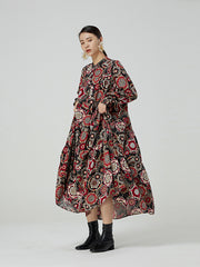 Retro Ethnic Printed Long Sleeve Maxi Dress