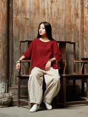 Burgundy&Purple Round-neck Ramie Cotton T-shirt