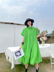 Retro Lapel Slim Solid Color Loose Casual Dress