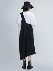 Retro Solid One Shoulder Midi Strap Dress