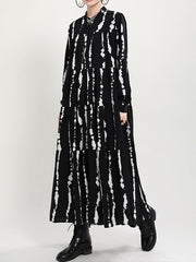 Stand Collar Printed Long Sleeves Midi Dress