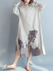 Creamy Linen Lapel Loose Blouse Long Dress