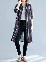 Casual Lapel Striped Midi Dress