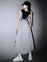 Simple Solid Cropped Suspender Skirts Bottoms