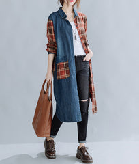 Literary Denim Plaid Stitching Mid-Length Shirt
