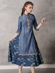 Retro Embroidered Split-joint Denim Dress