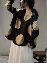 Linen Polka-Dot V-neck Long Sleeves T-shirt