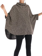 Batwing Sleeves High-Low Solid Color High Neck Knitwear Pullovers Sweater Tops