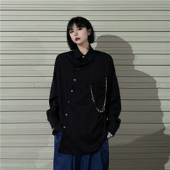 Diagonal Placket Asymmetric Metal Chain Blouses Shirts Top
