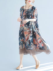 Women Round Neck Print Loose Casual Dress