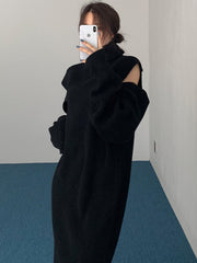 Loose Detachable Sleeve Long High Neck Pullover Sweater Dress