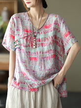V-Neck Ethnic Print Short Sleeve Pullover Shirt