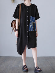 Printed Pocket Stitching Loose Irregular Dress
