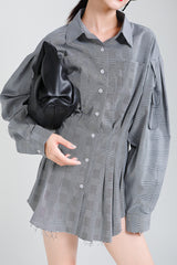 Women Cross Waist Plaid Long Sleeve Shirt Dress