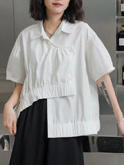 Irregular Clipping Short Sleeves Pleated Pure Color Lapel Blouses&Shirts Tops