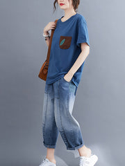 Loose Slim Pocket Patch Embroidered Casual T-Shirt