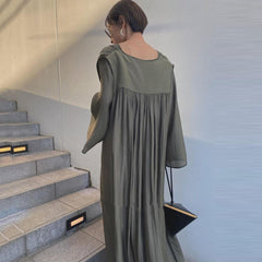 V-Neck High-Waist Long-Sleeved Large Hem Maxi Dress