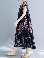 Women Round Neck Print Loose Slimming Dress